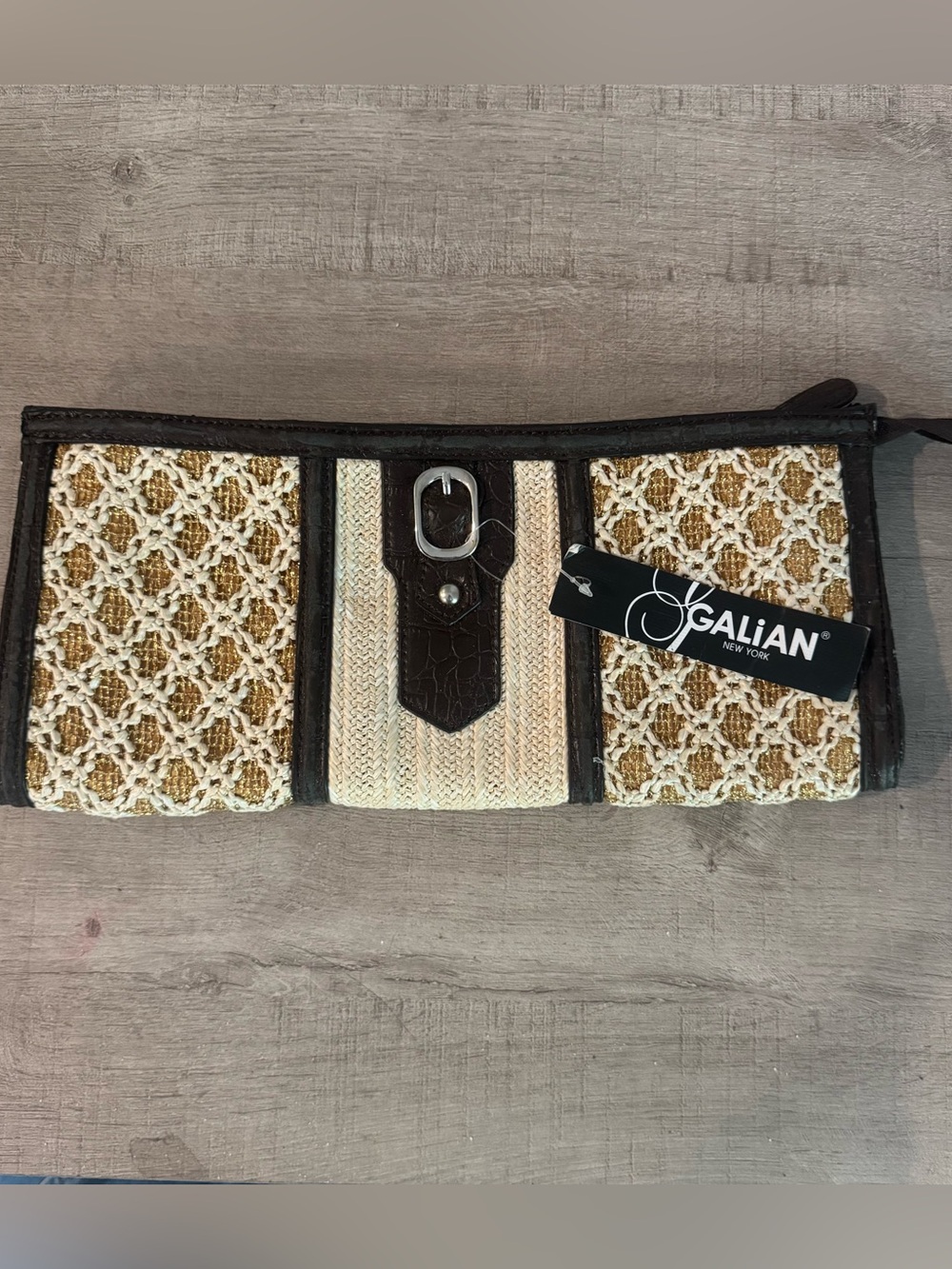 Galian New York Chocolate + Gold Woven Raffia Clutch Wristlet | NWT / As-Is
